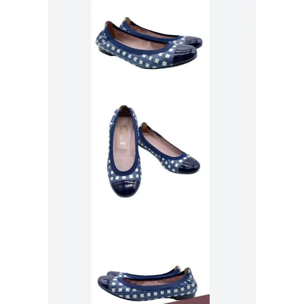 PRETTY BALLERINA Shirley Ballet Slippers Flat Slip-on Shoes Navy White Check Cap